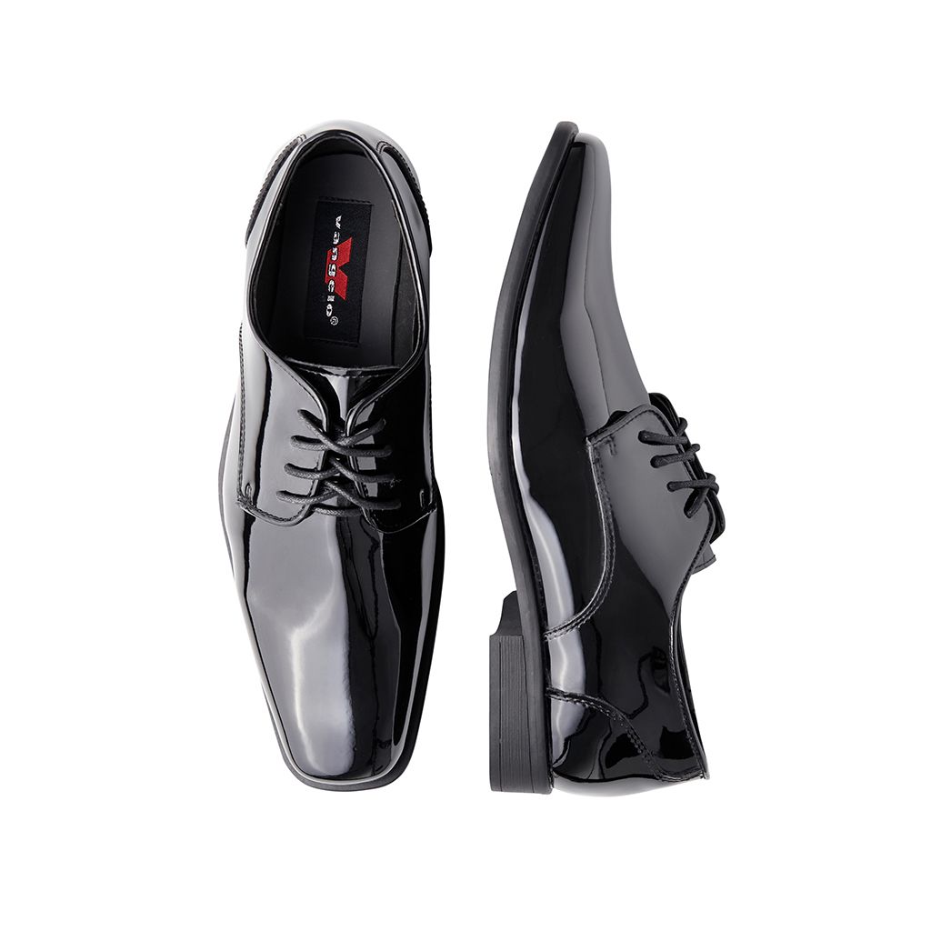 black patent leather tuxedo shoes