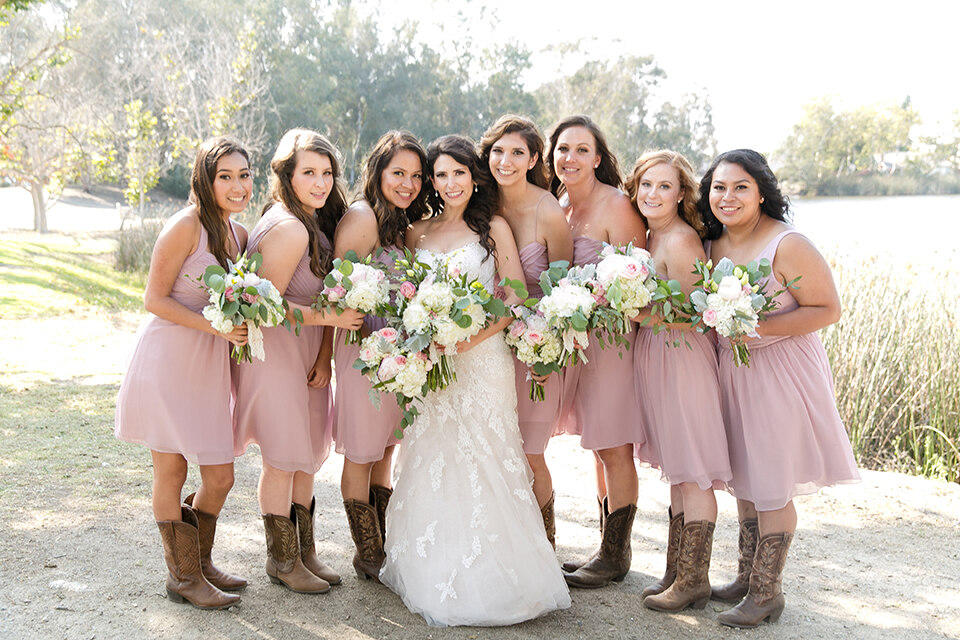 Short Pink Bridesmaid Dresses with Cowboy Boots